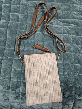 Woven Crossbody Bag with Tassel Strap - Brown & Cream